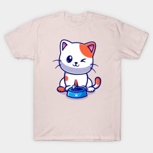 Cute Cat Eating Fish Cartoon T-Shirt